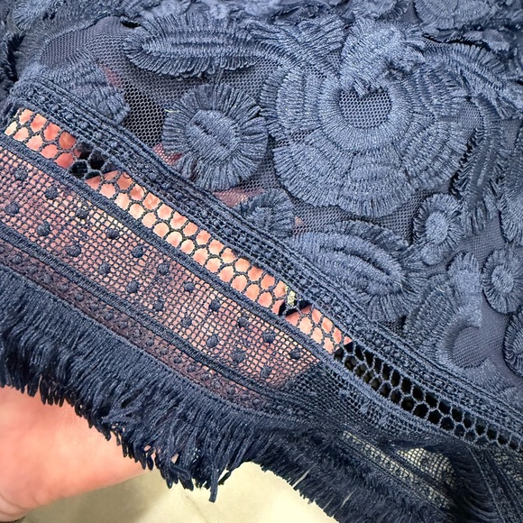 Trina Turk Dress Size 6 Navy Blue Textured Floral Embroidered Fringe Trim - Picture 6 of 14